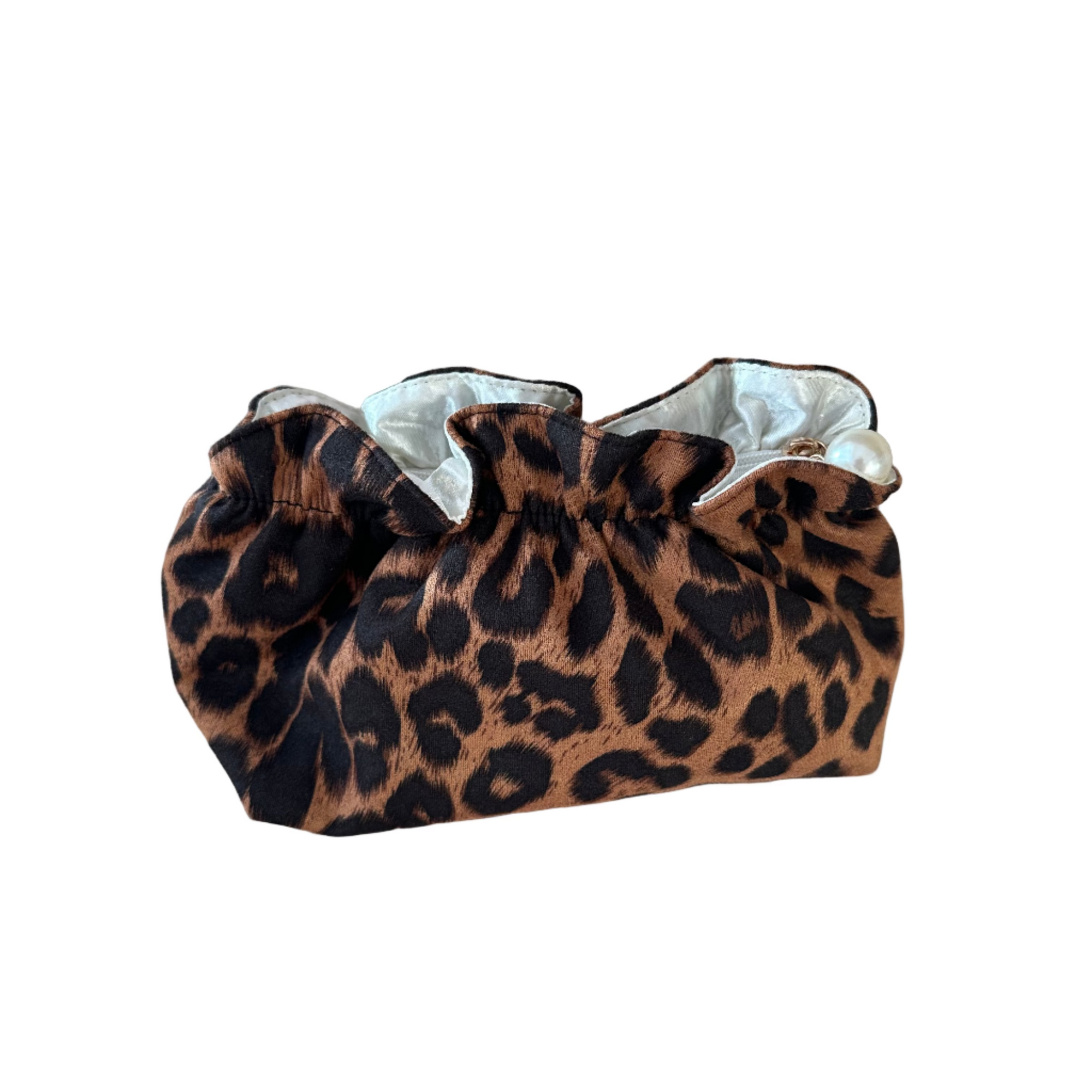 Living Beauty Leopard Ruffle Pearl Zip Clutch